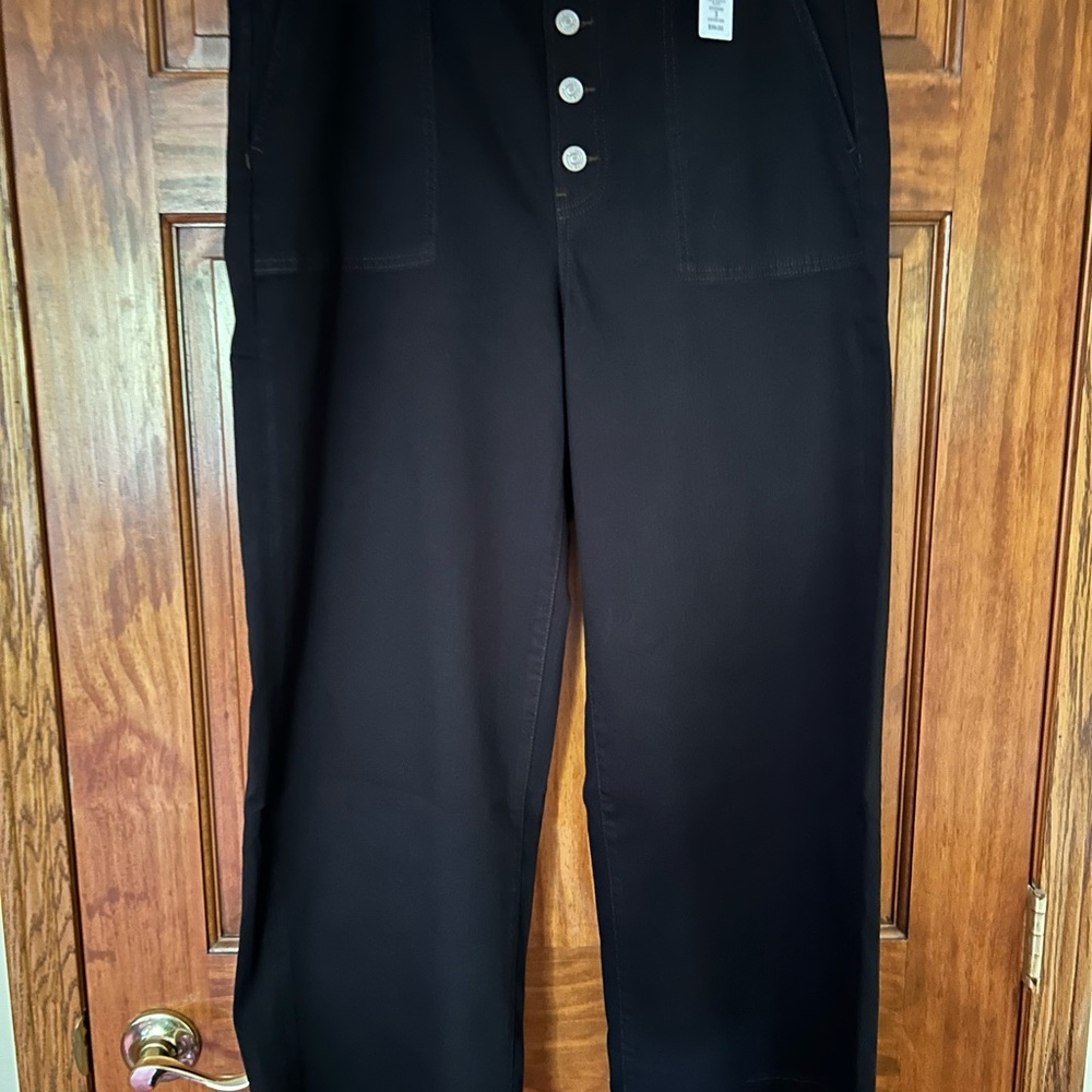 Chico's Black Denim Faux Button Pull On Jeans, High-Waisted Wide-Leg
